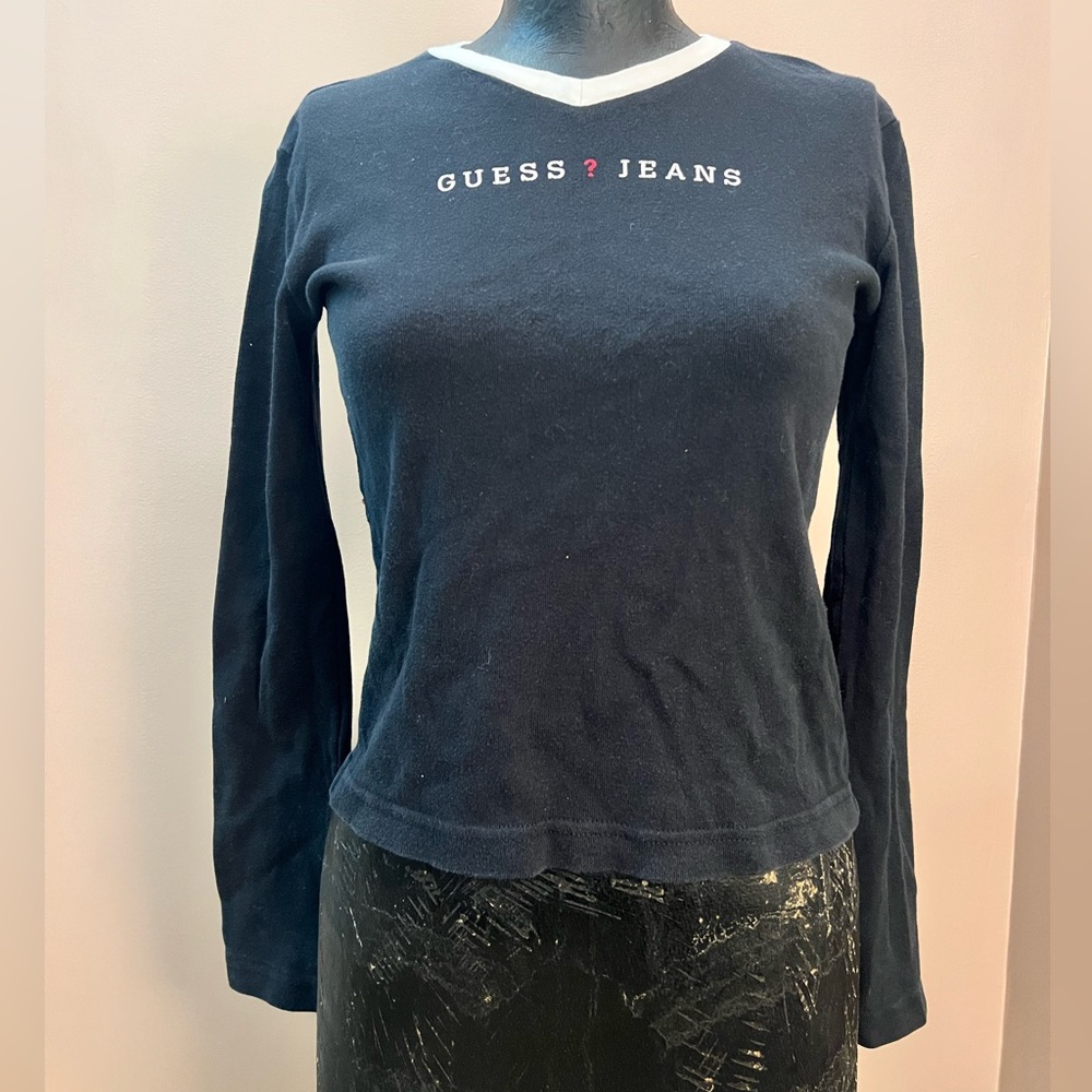 Vintage Guess Women’s Navy Long Sleeve Crew Graphic Tee Size S/M 100% Cotton